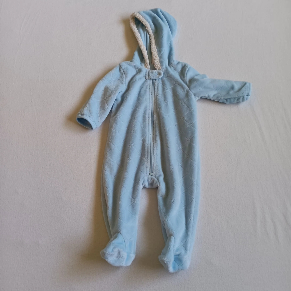 Blue Hooded Footie One Piece with Enclosed Feet Sz 3-6M With Zipper